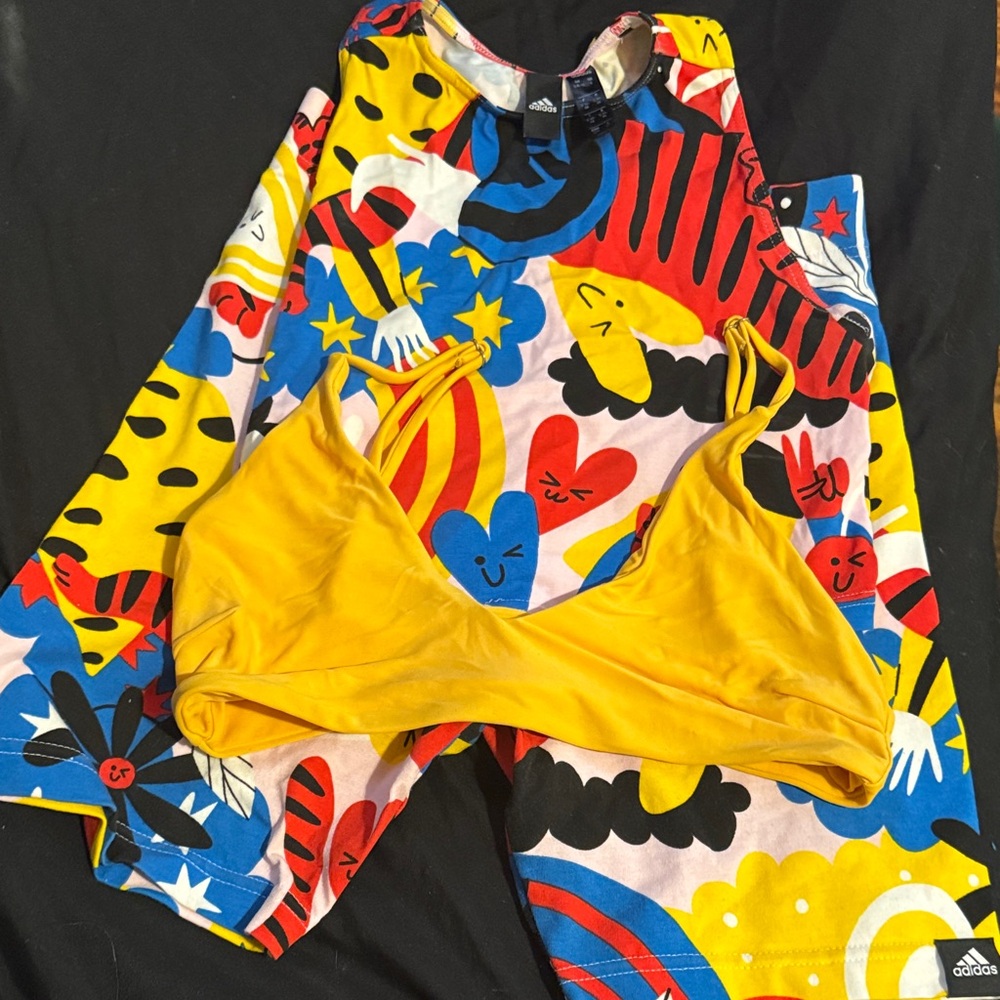 3 Piece ADIDAS Multicolor Graphic 3 piece set with Yellow Bralette